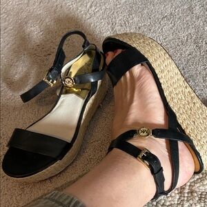 Michael Kors Black and Tan Wedge Sandals